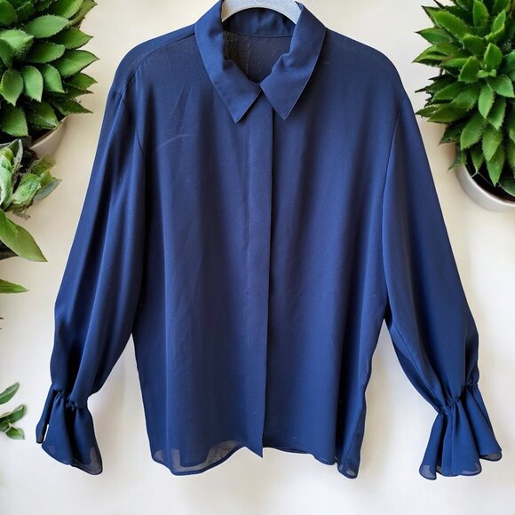 ANNE KLEIN A LINE Vtg USA Blouse Shirt Navy Blue Button Up RUFFLES Womens Medium - Picture 13 of 14
